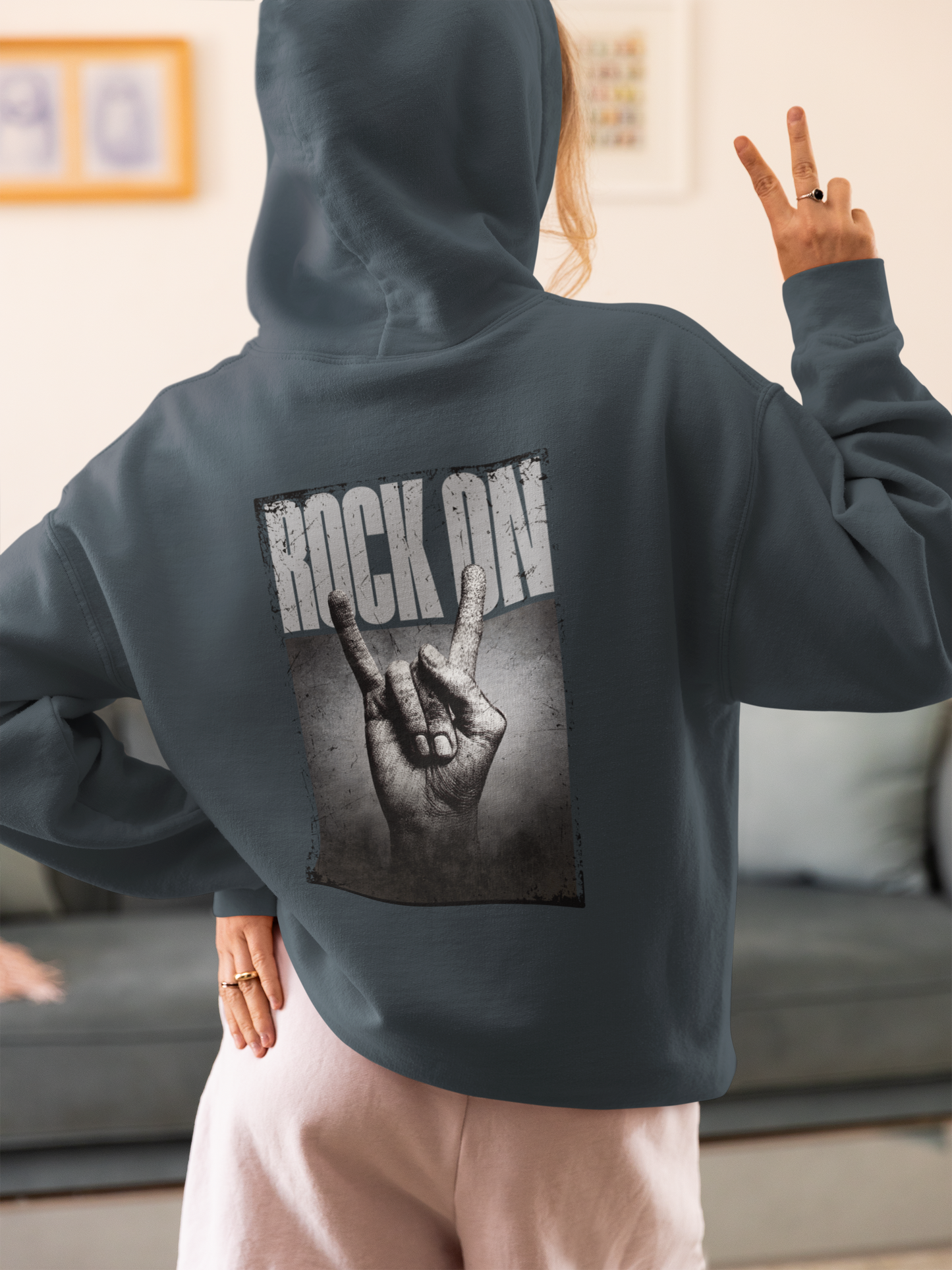 Oversized Hoodie | 'Rock On' Hand Sign Back Print