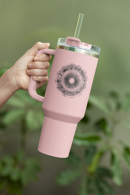 'Zodiac Wheel' Insulated Travel Tumbler with Handle & Straw