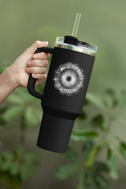 'Zodiac Wheel' Insulated Travel Tumbler with Handle & Straw