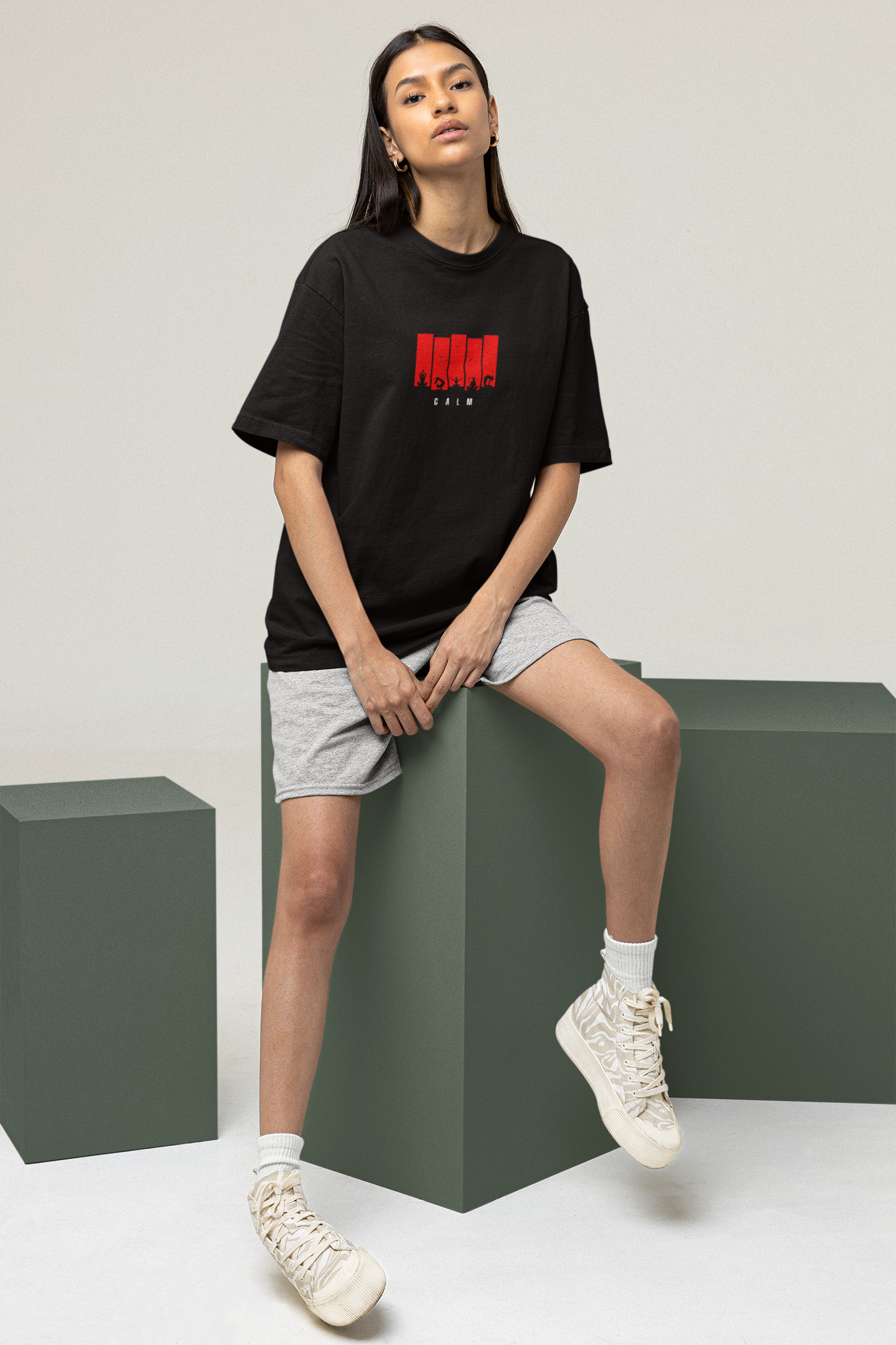 CALM Oversized Tee | Minimalist Silhouette Panel Graphic-Mysoul